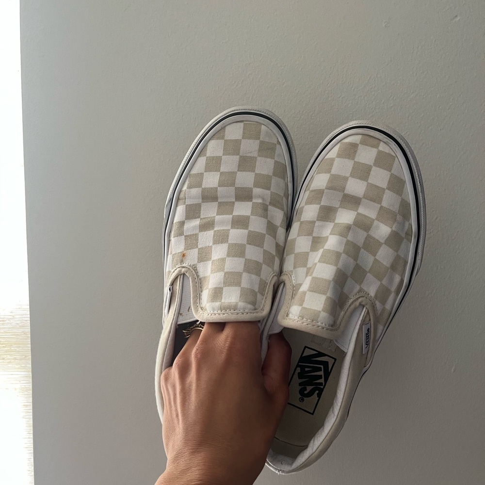 Vans Checkered Beige Cream White Slip-On Sneakers